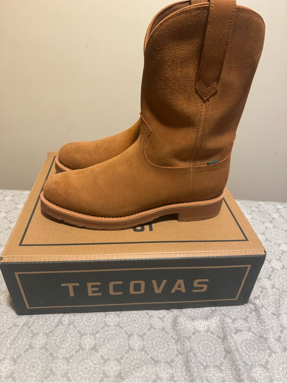 Tecovas Suede Western Pull-On Boots in Cognac Brown
